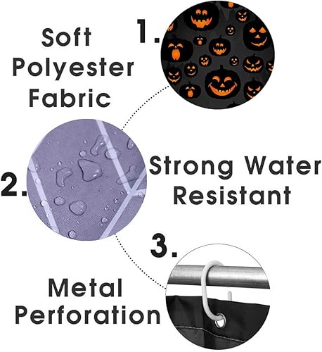 Miniatura 7 de Juego de 4 cortinas de ducha de calabaza de Halloween con alfombras, cortina de ducha gótica, cortina de ducha negra de tela impermeable, terror,