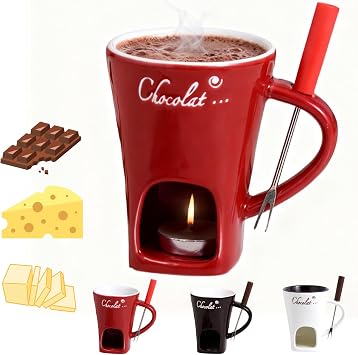 Chocolate Fondue Mug, Chocolate Melting Cup with Forks, Melting Butter Mug Pot Set, Personal Cheese Melting Cup, Warmer Mug for Candy Snack Caramel Party Red