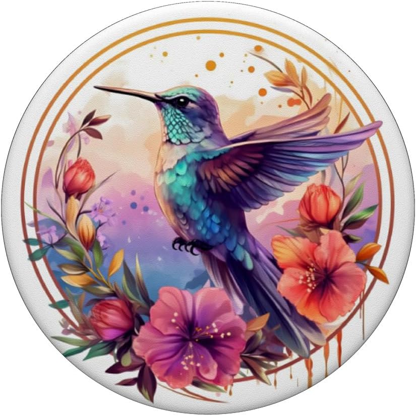 Pink Purple Hummingbird Floral Watercolor Paint Flowers PopSockets Adhesive PopGrip - Image 3