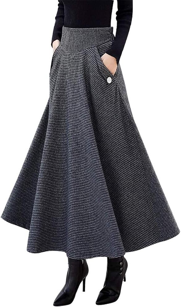 IDEALSANXUN Women’s Fall Winter High Waisted Wool Plaid A-line Long Skirt