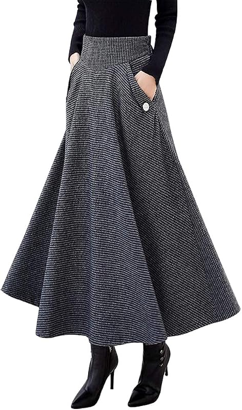 IDEALSANXUN pollera larga de lana a cuadros de talle alto para mujer Otoño Invierno