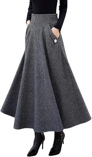 High-Waisted Wool Plaid A-Line Midi Skirt - IDEALSANXUN Women's High-Waisted Wool Plaid A-Line Pleated Long Midi Skirt