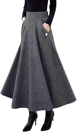 Women’s Fall/Winter High Waisted Wool Plaid A-line Long Skirt