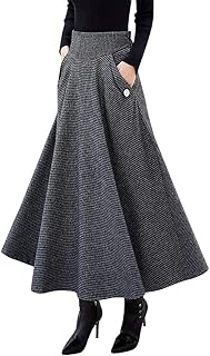 Women’s Fall Winter High Waisted Wool Plaid A-line Long Skirt