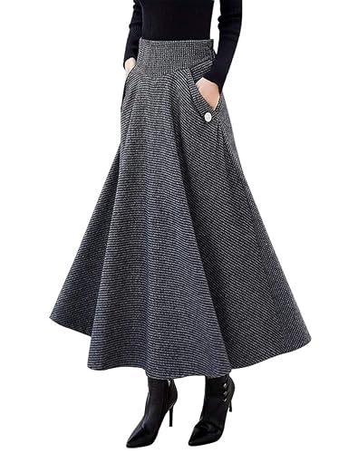 IDEALSANXUN Women’s Fall Winter High Waisted Wool Plaid A-line Long Skirt