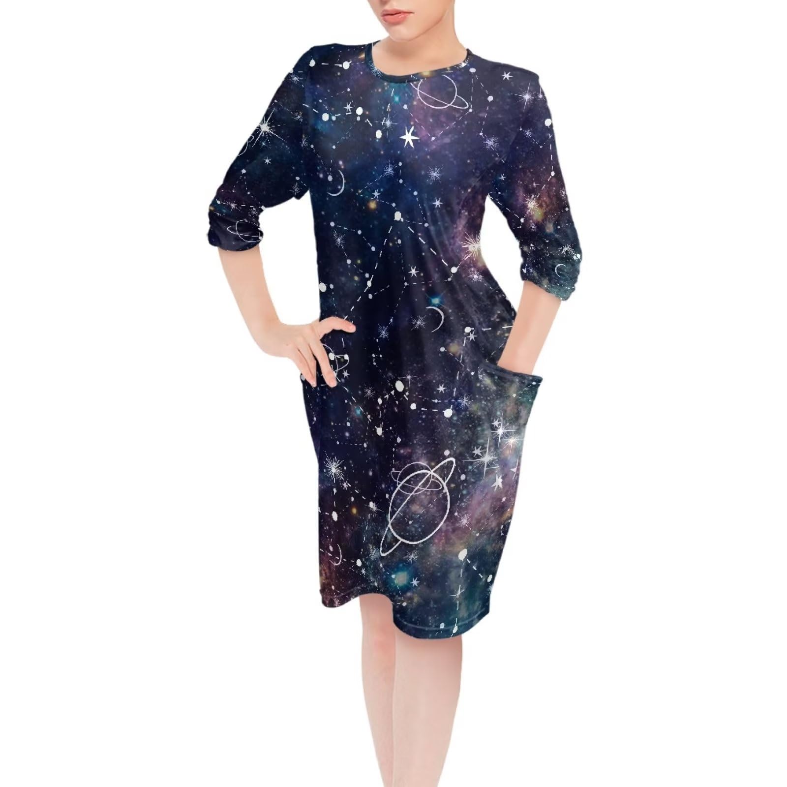 Belidome Camisón para mujer, pijama sexy de invierno, manga larga, Estampado espacial de galaxia constelación, L