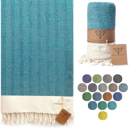 Smyrna Turkish Cotton - Toalla de playa turca original de la serie Herringbone | 100 % algodón, prelavada, 94 x 180 cm | Toalla de baño turca y peshtemal para spa, piscina, gimnasio y baño (turquesa)