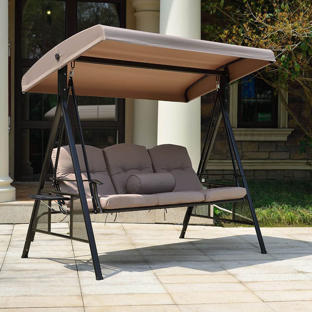 Home Deluxe - Hollywoodschaukel DESCANSO Beige mit Abdeckung - 3-Sitzer, B/H/L 115cm x 195cm x 198cm, inkl. Getränkehalter, Sitz- und Rückenkissen I Gartenliege Gartenlounge Schaukelliege