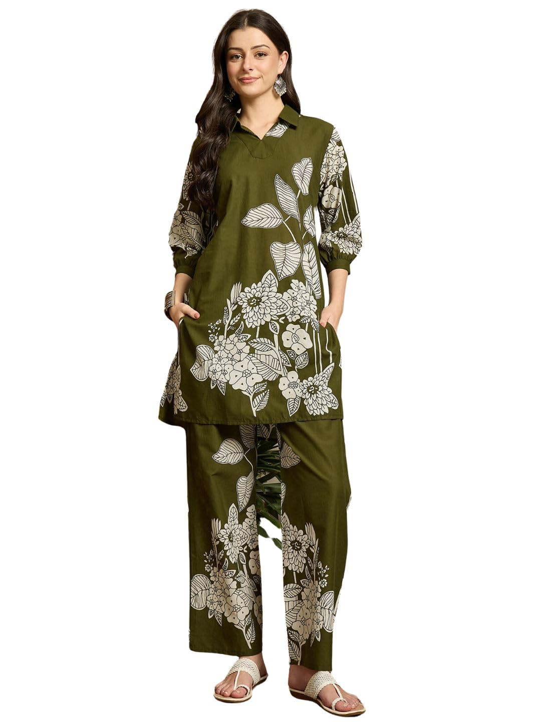 vansiri Olive Green Pure Cotton Floral Printed Coords Set for Women, Relaxed Fit with Pockets, Casual Ethnic Contemporary Style-picture-10