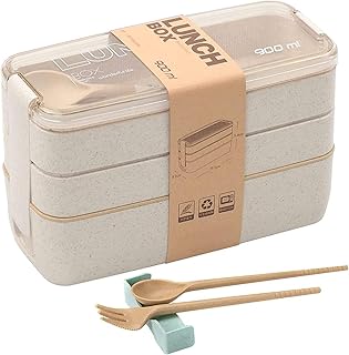 Rarapop Stackable Bento Box Japanese Lunch Box Kit with Spoon & Fork, 3-in-1 Compartment Wheat Straw Meal Prep Containers ...