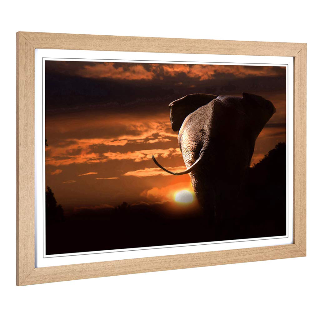 Big Box Art Framed Print of Walking Elephant Sunset Design | Wall Art Picture | Home Decor for Kitchen, Living, Dining Room, Bedroom, Hallway, Office, Oak, A2 / 24.5x18 Inch / 62x45cm