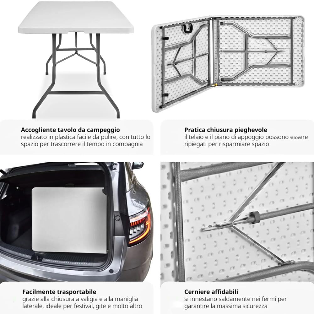 PALUPLUS Tavolo Pieghevole Rettangolare da Catering, Misura 180x71x74 cm, colore Bianco, Tavolo a Valigetta in Resina e Metallo, con maniglia, ideale per giardino, fiera, pic nic, campeggio -344F