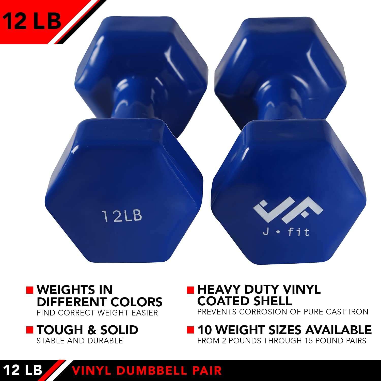 JFIT Dumbbell Pairs or Sets – Neoprene & Vinyl Coated Hand Weights for Home Gym, Strength Training, Aerobics, Cardio Exercise and Fitness