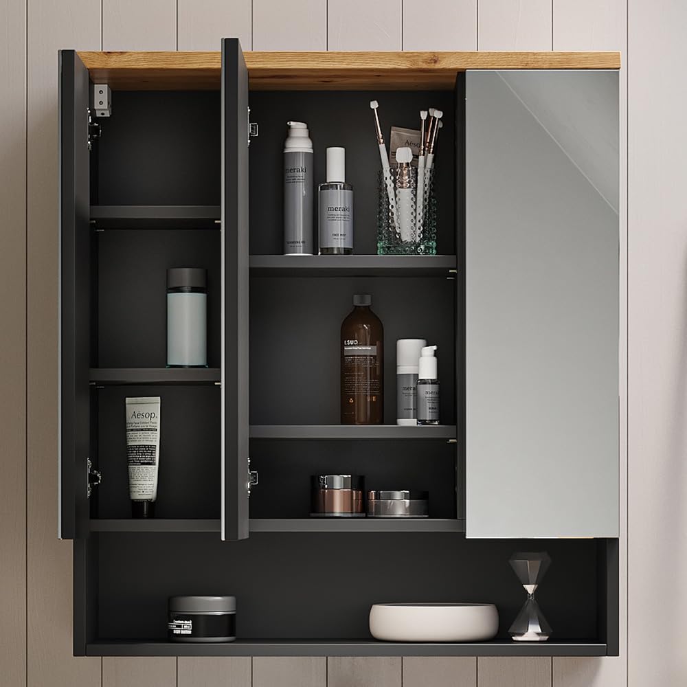 Vicco Specchio contenitore bagno Eden, Antracite, 70 x 77.5 cm, per montaggio a parete con suddivisione interna variabile