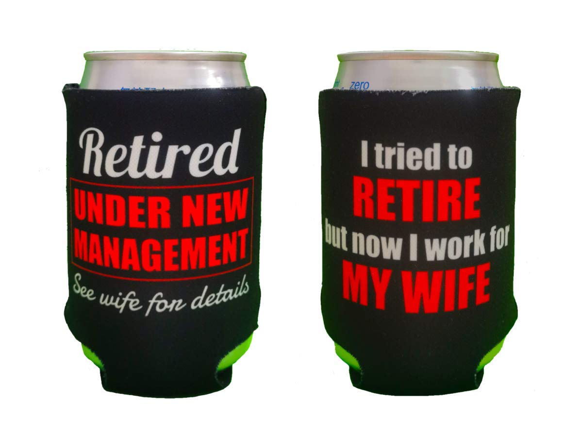 Tainada Neoprene Beer Beverage Drink Can Sleeve Coolie Cooler Insulators (Ideal Retirement Gifts for Men and Women) - 2 pcs Double Sided Printing with One Absorbent Coaster (Retired (Funny))