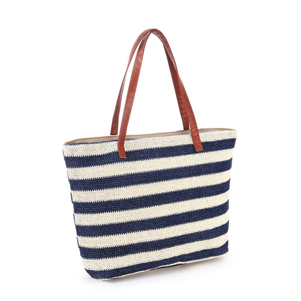 Stripe and Stitchwork Straw Tote Beach Bag with Zipper