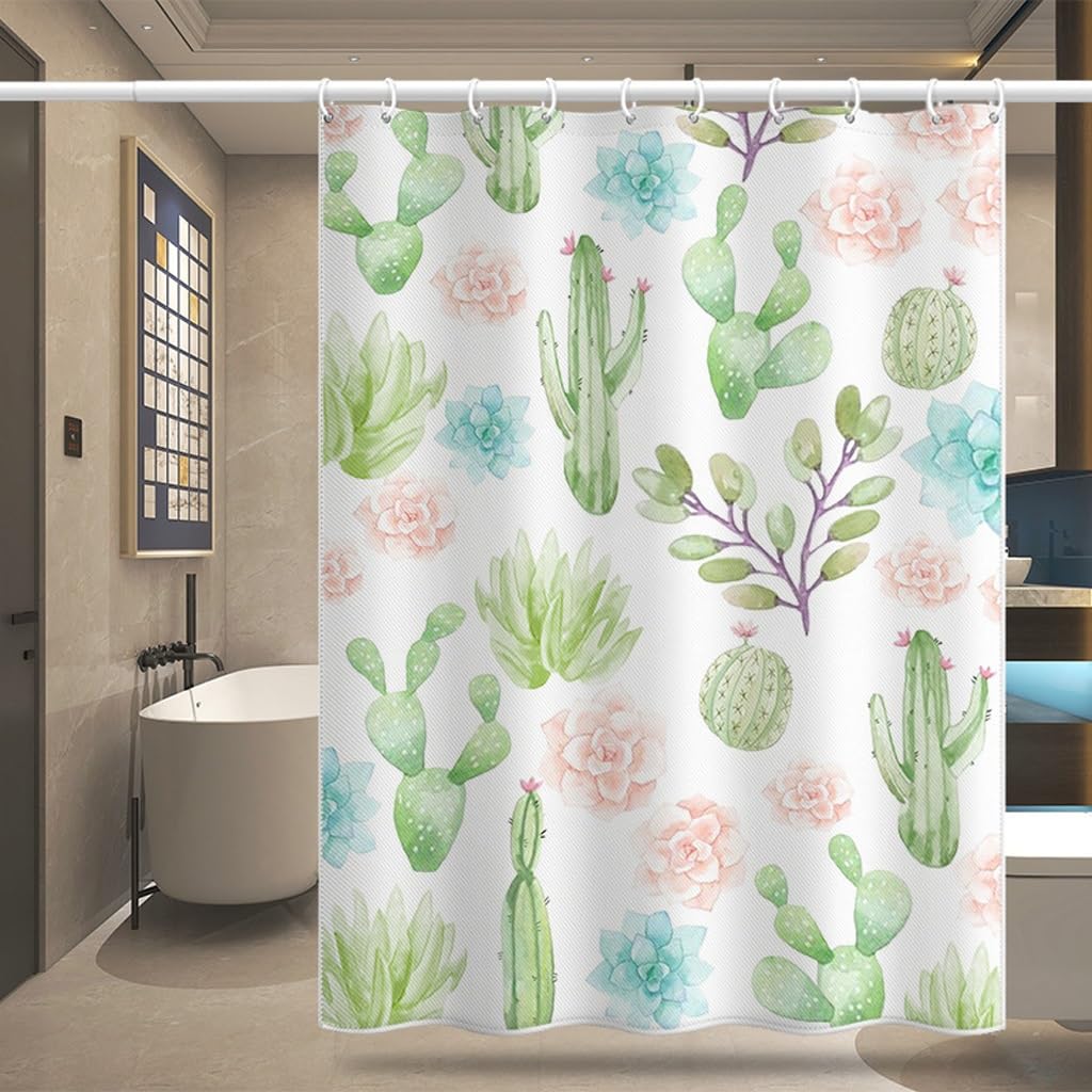 Bovlleetd Cactus Plante Rideau de Douche Ligne Abstraite Dessin animé Salle de Bain Rideaux de Douche coloré désert Cactus Art Rideaux Salle de Bain décor pour Enfants Salle de Bain hôtel 152x183cm
