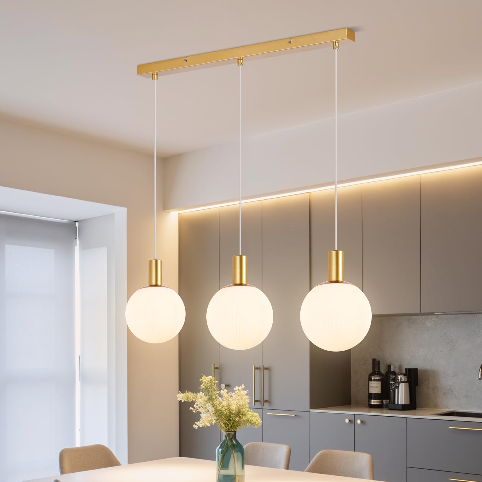 CBJKTX Lampada a sospensione da tavolo in vetro - E27 Lampada a sospensione | d'oro 3 fiamme lampadario regolabile in altezza per soggiorno camera da letto cucina sala da pranzo (senza lampadina)