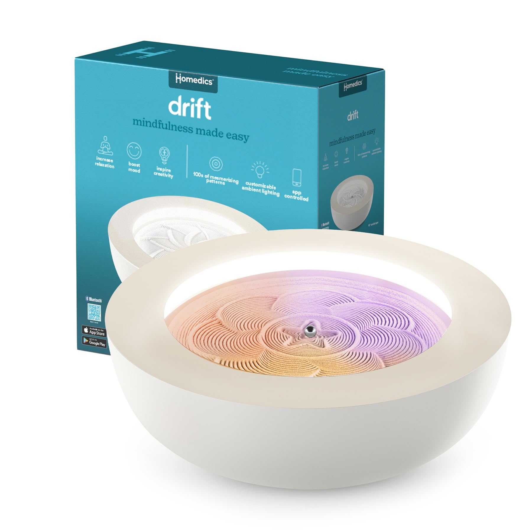 Homedics Drift Sandscape, Perpetual Motion Machine, Zen Garden, Meditation Accessories, Decorative Sandscape, Bluetooth, iOS, Android 16 Inch (Medium), Cream