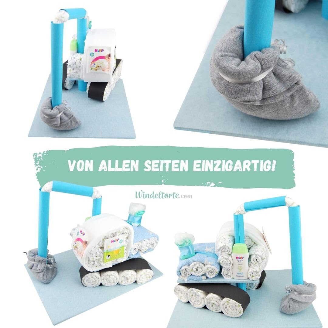 Bagger mit Babysocken [BAUSTELLENFAHRZEUG]- Geschenk zur Geburt - Babyparty - Baby - Babyshower - Pullerparty - Spucktuch - Babylätzchen (Blau/Junge)