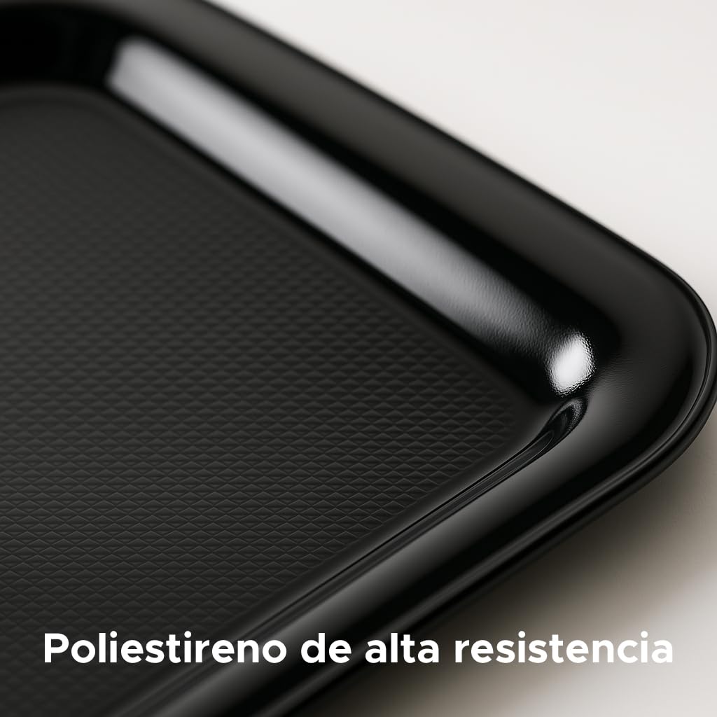 4 Bandejas de Plástico Duro, 50x37cm, Color Negro, Bandeja Rectangular, para Servir, Autoservicio, Fast Food, Apto para Lavavajillas, Resistente, Plástico PS