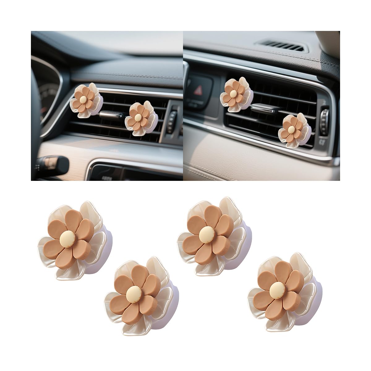 Flower Car Air Vent Clips, 4 PCS Cute Vehicle Air Conditioning Outlet Clamps, Automotive Interior Dashboard Charm Decoration Accessories, Universal for Sedan, SUV, Truck (Coffee)