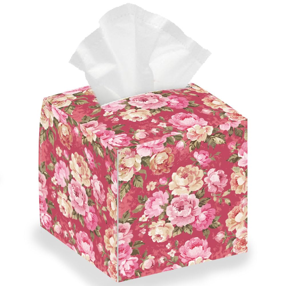 DELORIGIN Vintage Peony Tissue Box Holder Leather Square Foldable Facial Paper Decorative Flower Tissue Box Cover Paper Towel Case Container Organizer for Tabletop Bathroom Vanity Countertop Stands