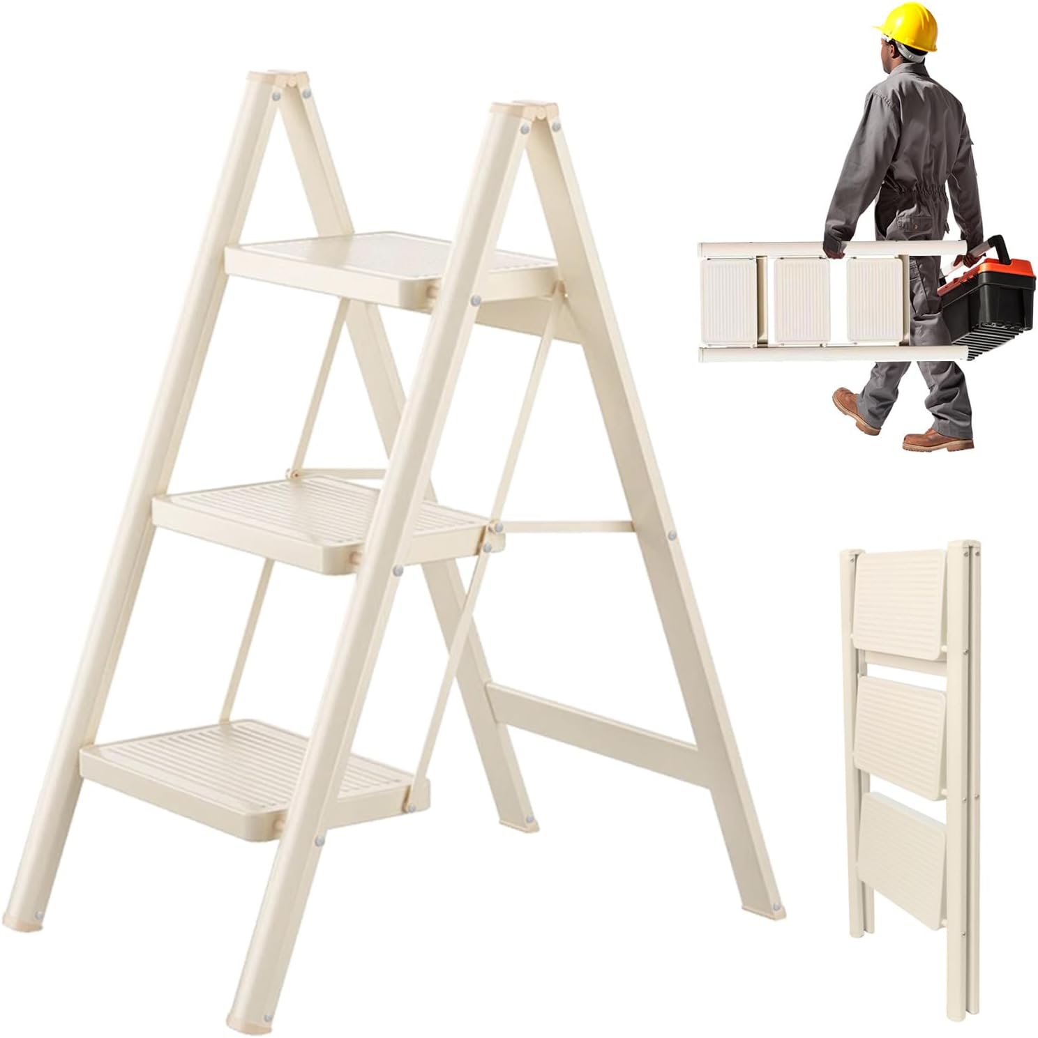 3 Step Ladder, Step Stool for Adults, Protable Carbon Steel Folding Stool with Wide Anti-Slip Wide Pedals, 330lbs Sturdy Steel Ladder for Household and Kitchen