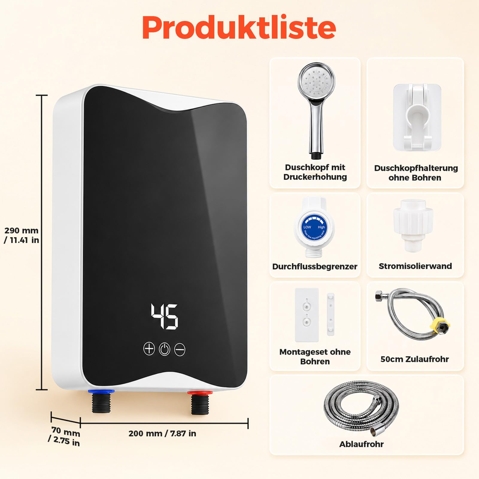 Scaldabagno Elettrico Istantaneo 5500 W 230 V, Mini Scaldacqua con Display LED Temperatura, Regolabile 20-55 °C, IPX4 Antispruzzi, Scaldabagno Elettrico per Doccia, Cucina, Lavandino