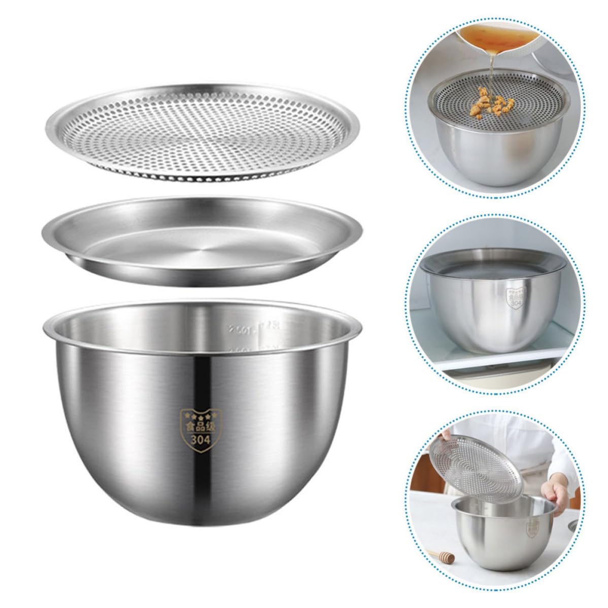 Juego de Colador y Tazón de Acero Inoxidable Plata para Verduras y Huevos | Base Plana, Diseño Antideslizante, Uso Doméstico, Práctico y Multifuncional