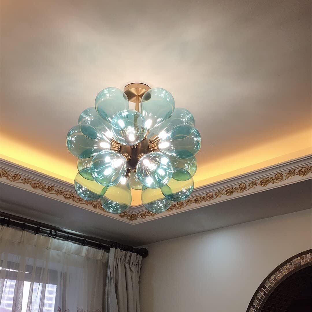 18 świateł Nowa kreatywna dekoracja Buld Mid Century Szklana kula żyrandol Bąbelkowy żyrandol Mocowanie sufitu Złota niebieska kula Wisząca lampa wisząca do jadalni Kuchnia Pokój dzienny (Niebieski)