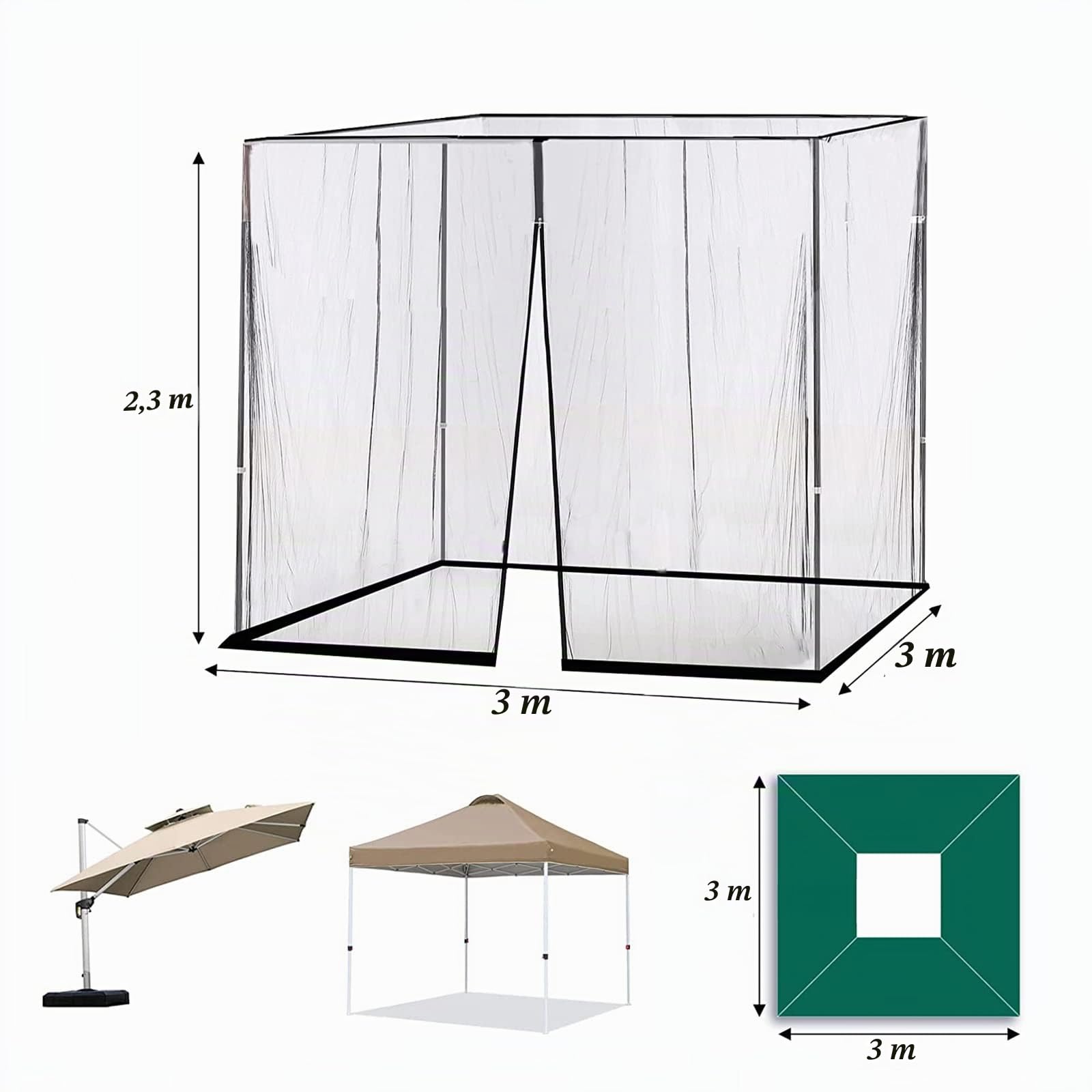 SFDPDM Moustiquaire Parasol 3x3m, Gazebo Polyester Fermeture Éclair Camping