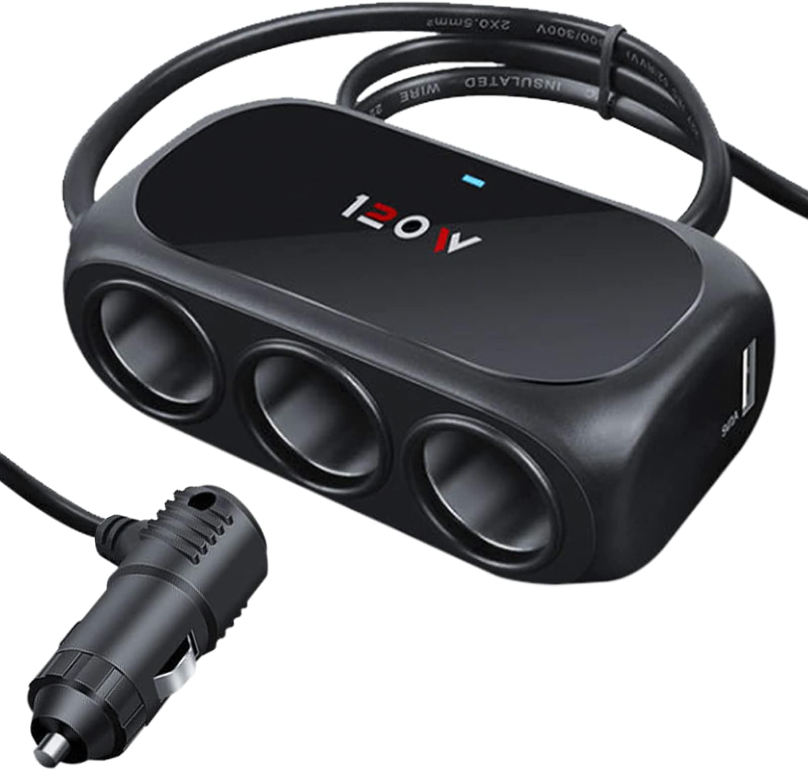 3-Socket Car Cigarette Lighter Splitter Adapter, 2 USB Splitter Extender [120W] [12V/24V] [3.1A Dual USB Car Charger] [Black] for Device with Emergency Warning Light