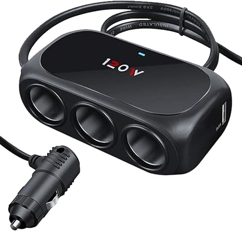 Adaptador divisor de encendedor de cigarrillos de coche de 3 enchufes, 2 extensores USB [120W] [12V/24V] [cargador de coche dual USB de 3.1 A]