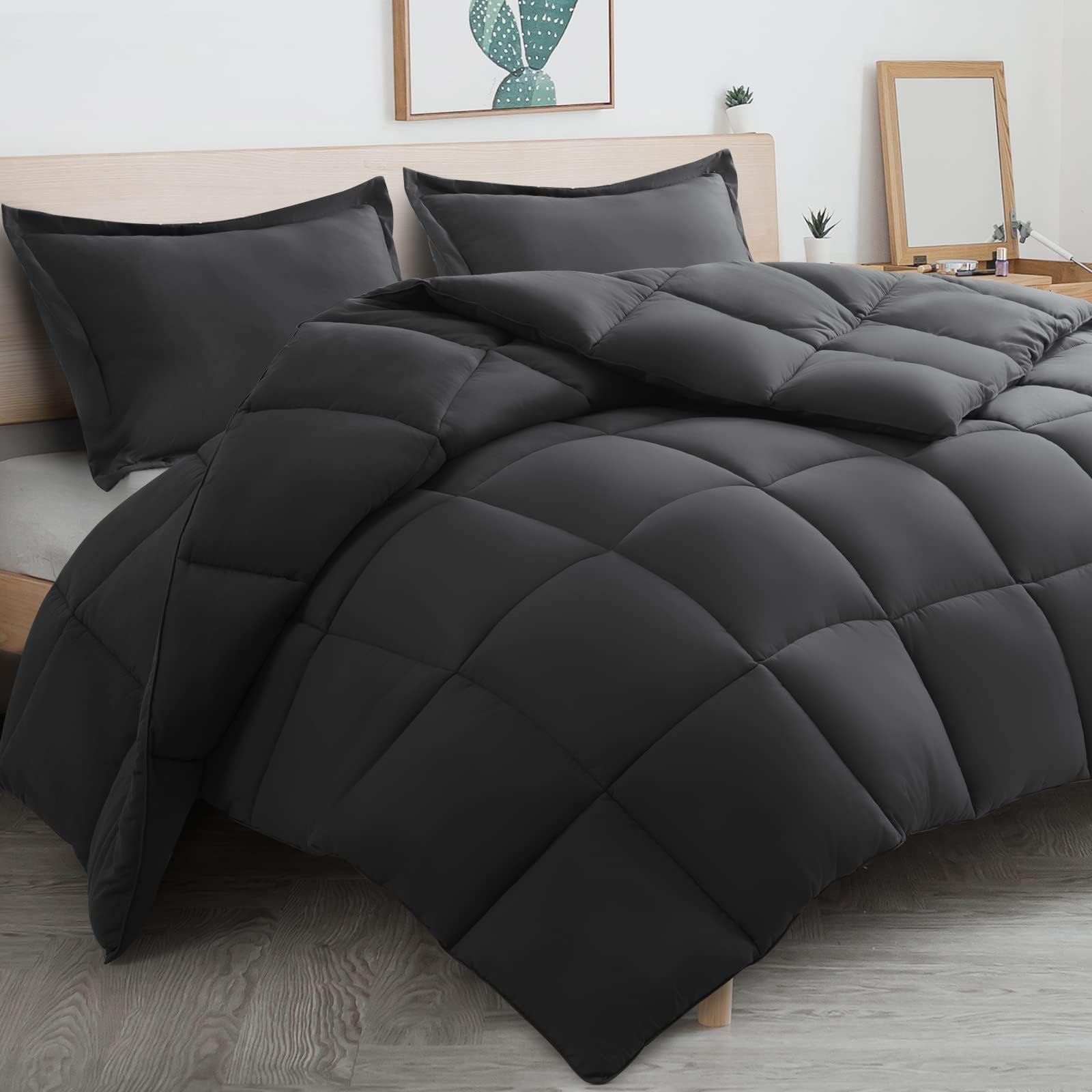 BEDHOURS California King Comforter Set-3 Pieces Down Alternative Bedding Sets for All Season-Cooling Comforter with 2 Pillow Shams-Corner Tabs Machine Washable (Dark Grey Cal King)