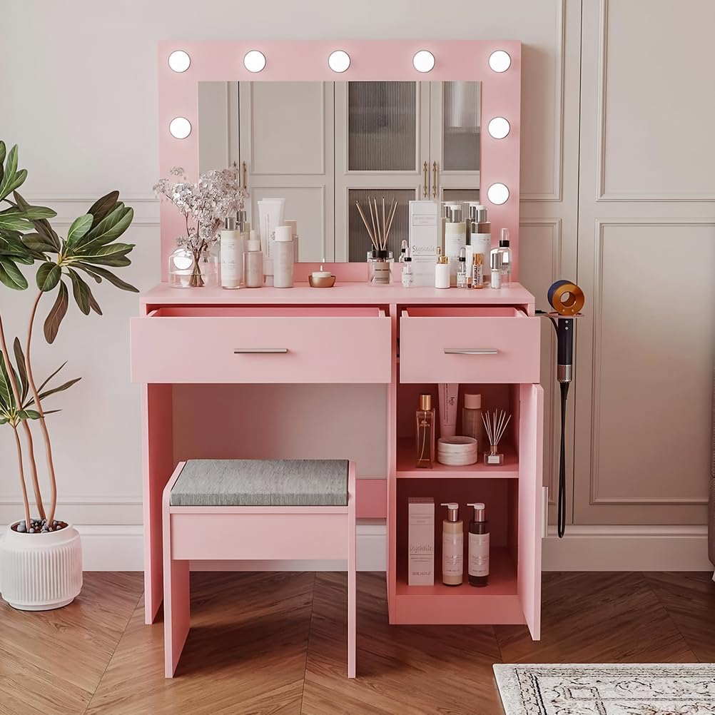 Makeup Vanity Desk with Lighted Mirror - Solid Wood Dressing Table Includes Stool, USB Charging Port and Secret Storage Compartment,Pink