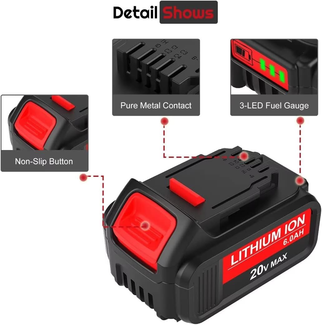 2 Pack 6.0A DCB206 Replacement Battery Compatible with 20V Battery Lithium ion Max DCB200 DCB200-2 DCB201 DCB202 DCB203 DCB204 DCB206 DCB207 DCB180 DCD/DCF/DCG 20 Volt Series Cordless Tools (Red)