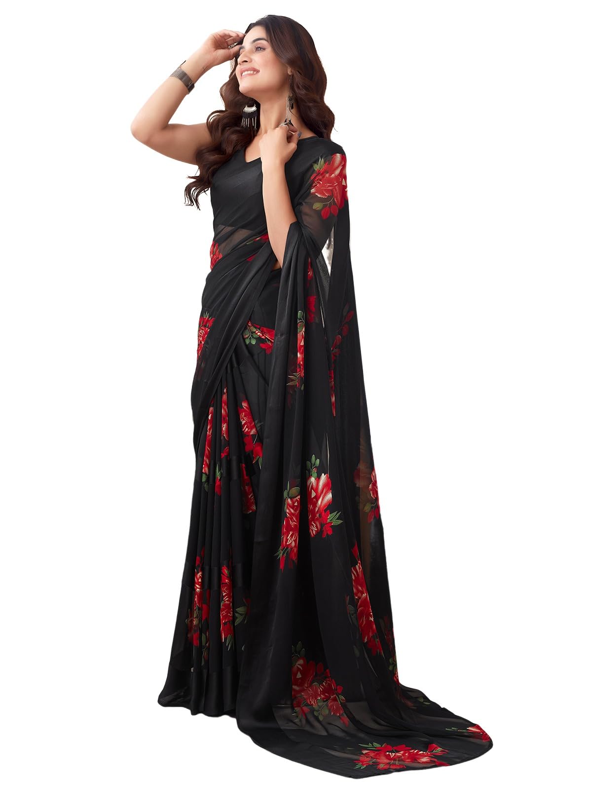 Satrani Women's Georgette Floral Printed Satin Stripe Saree With Unstitched Blouse Piece (3881S128N_Black3)