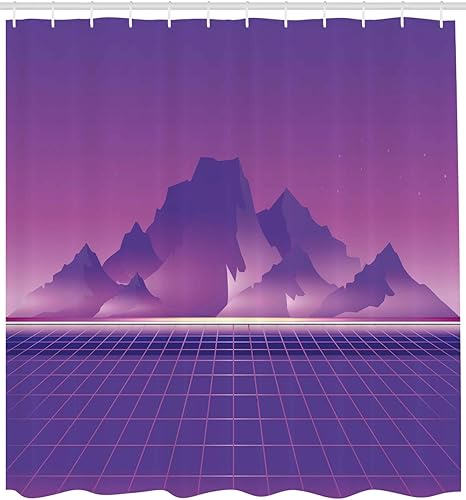 Miniatura 2 de Ambesonne Synthwave - Cortina de ducha, diseño retro de ciencia ficción de montañas y cuadrados retro para amantes de la computadora, juego de