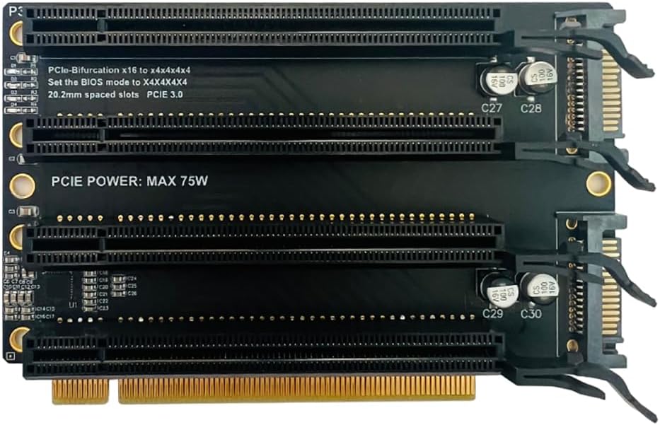 JMT PCI-E 3.0 x16 1 to 4 Split Card Gen3 PCIe-Bifurcation x16 to x4x4x4x4 Expansion Card 20.2mm Spaced Slots SATA Power Supply Port