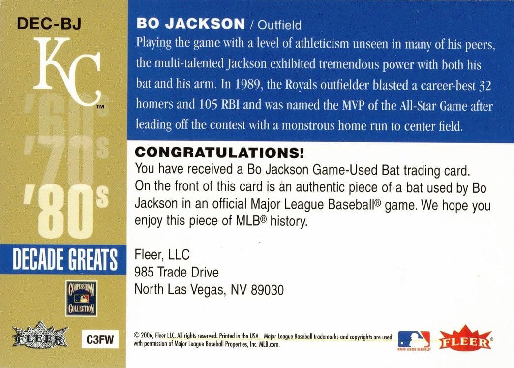 2006 Fleer Greats of the Game Decade Greats Relics #DEC-BJ Bo Jackson Game Used Bat Baseball Card