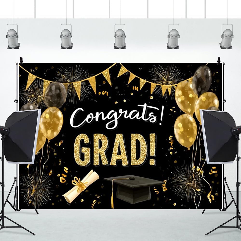 10x10ft Congrats Grad Backdrop Black and Gold Glitter Class of 2026 Graduation Photo Backdrops for Photoshoot Golden Balloon Fireworks Photography Background for College Graduation Decorations 2026