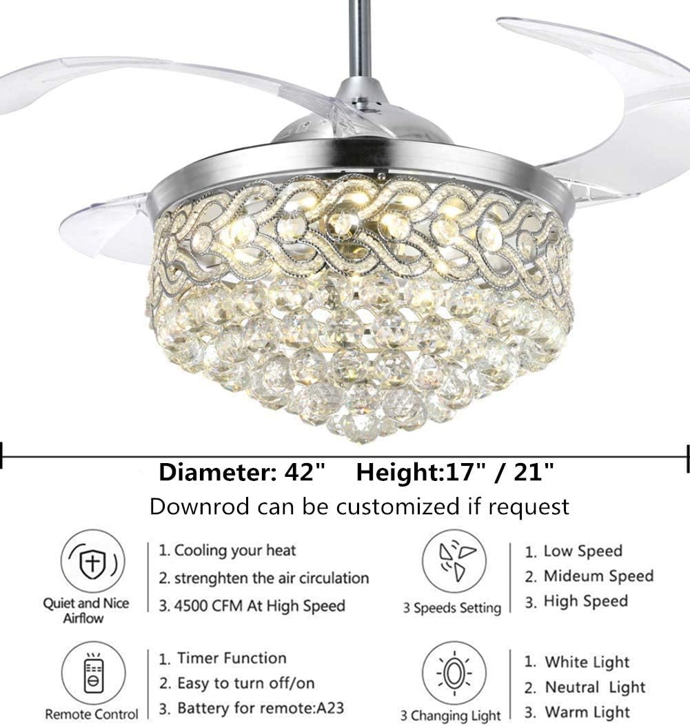 A Million 42" Crystal Fandelier Modern Ceiling Fan with Light 3 Retractable Blades 3 Speeds 3 Colors Timer by Remote Control, Silent Motor and LED Kits Included