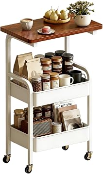 3 Tier Metal Rolling Utility Cart Organizer with Walnut Table Top, Stable and Sturdy Rolling Storage Carts with 2 Lockable Wheels for Kitchen Bathroom Snacks Coffee Craft Baby Essentials White