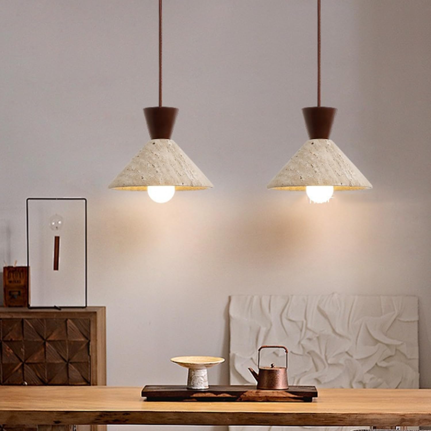 Lampy Wiszące Z Trawertynu Z Drewnianą Lampą Wiszącą Do Sypialni | polerowany Trawertyn Z Mlecznobiałym Szklanym Kloszem, Podstawa E27 Industrialny Klasyczny Kuchni Salonu, Baru I Przedpokoju