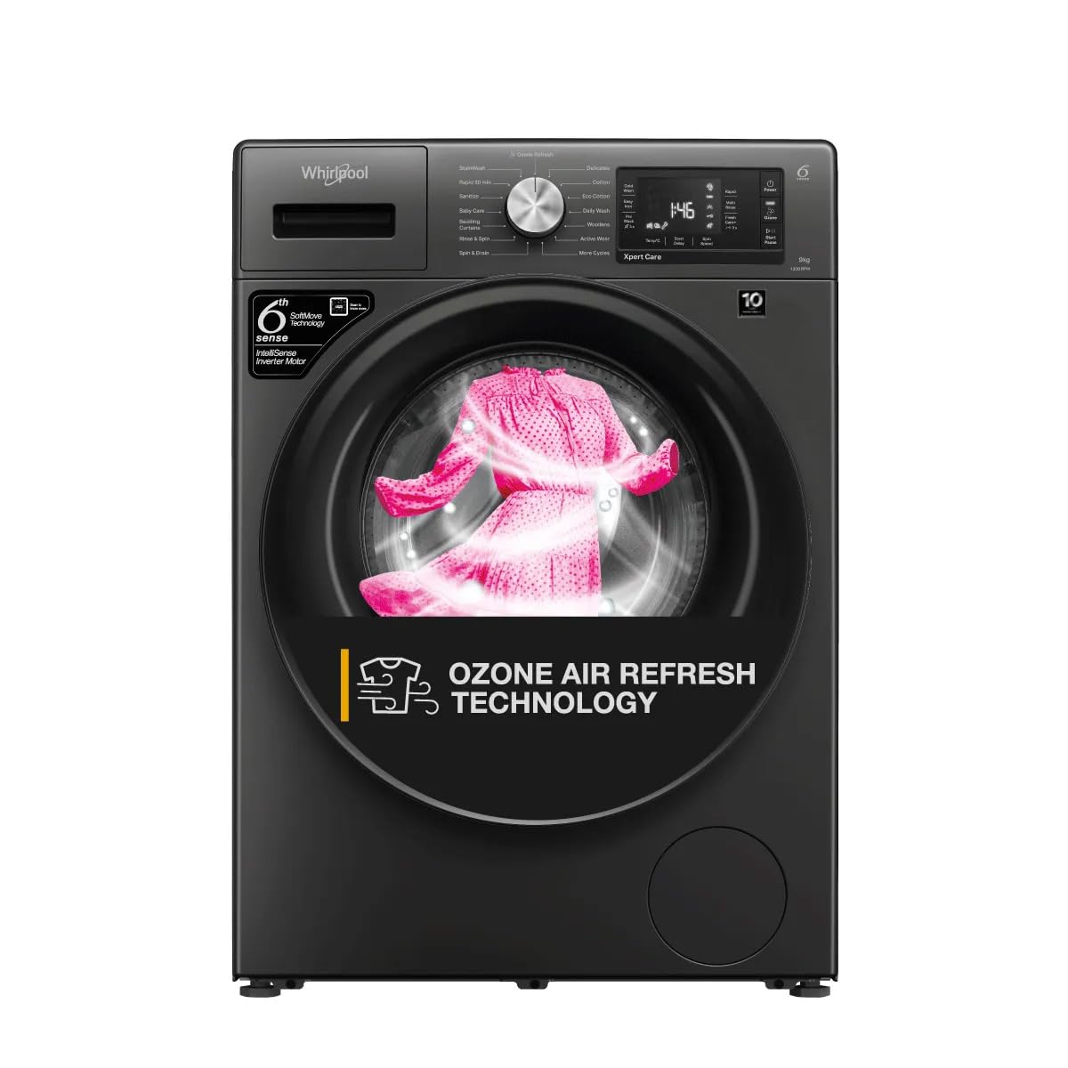 Whirlpool 9 Kg Ozone Technology 5 Star Inverter Front Load Fully Automatic Washing Machine with In-Built Heater (XO9012BYM52E, Midnight Grey, 100+ Tough Stains, 1400 RPM)