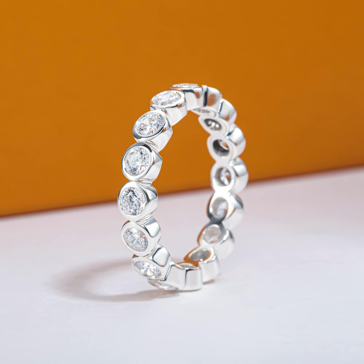 Moissanite Wedding Band Eternity Ring D Color VVS1 Clarity Round Brilliant Cut 925 Sterling Silver Bezel Stackable Anniversary Bands Ring for Women with Certificate - Image 3