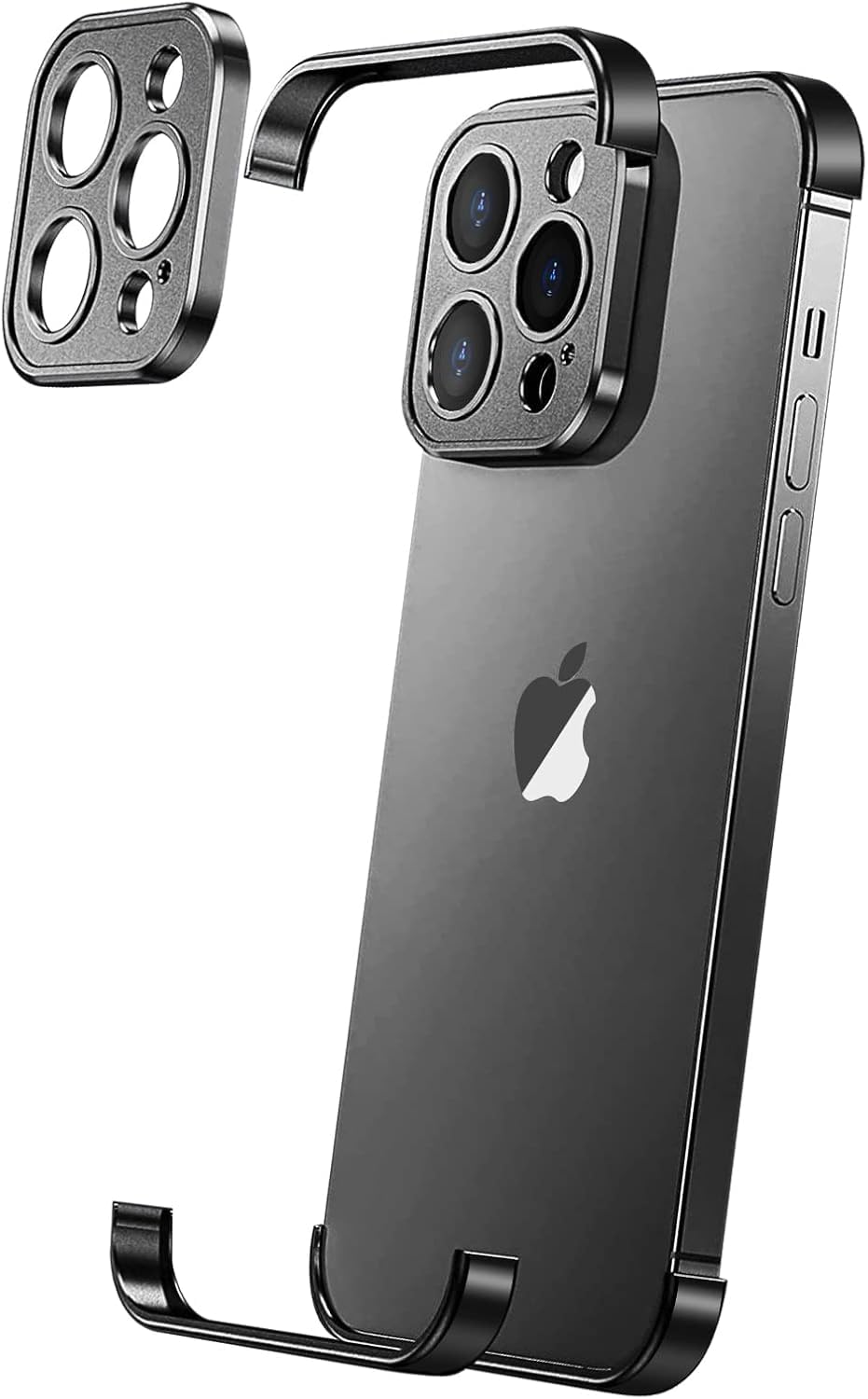 Frameless for iPhone 16 Pro Max Case with Lens Camera Protector, Aluminum Metal Borderless Design, Slim Thin & Lightweight Four Corner Shockproof Protection Phone Case Cover, Black