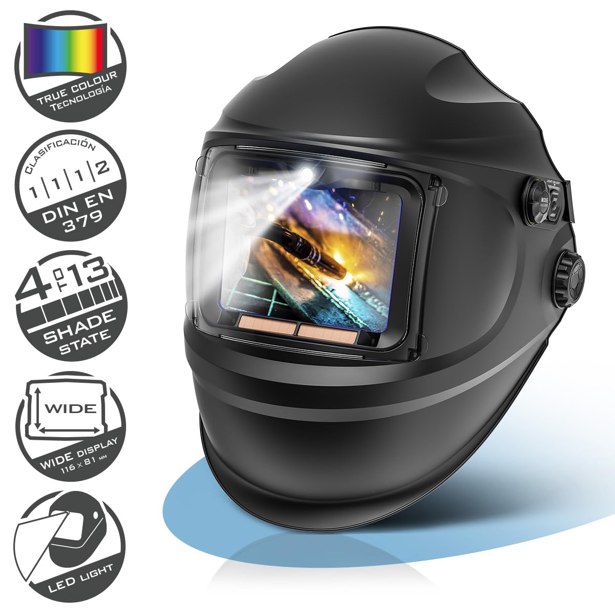 STAHLWERK Casco de Soldadura automático 3 en 1 Raptor – True Colour, luz LED, oscurecimiento automático DIN 4-13, Clase óptica 1/1/1/2, Campo Visual 116 x 81 mm, Pantalla de Soldadura, máscara