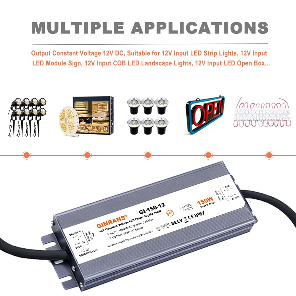 Transformateur d'alimentation LED à tension constante étanche IP67 150 W 100-240 V CA entrée universelle avec fiche sortie 12 V CC 12,5 A max. pour éclairage extérieur LED